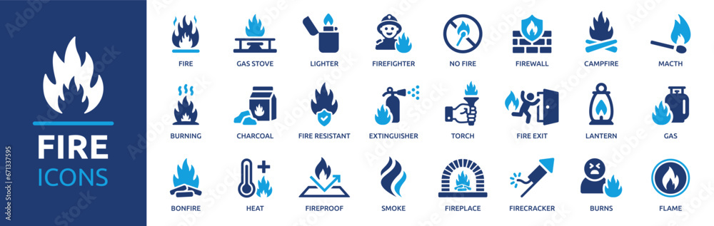 Fire icon set. Containing burning, flame, campfire, gas stove, lighter, match, smoke, firefighter and more. Vector solid icons collection. - obrazy, fototapety, plakaty 