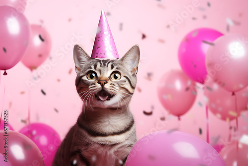 portrait of a funny cat animal in a festive hat celebrating his birthday at party with balloons and confetti on pink background