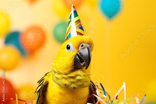 portrait of a funny parrot animal in a festive hat celebrating his birthday at party with balloons and confetti on yellow background
