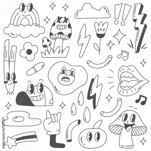 Set of Retro Cartoon Character Doodle Line Art