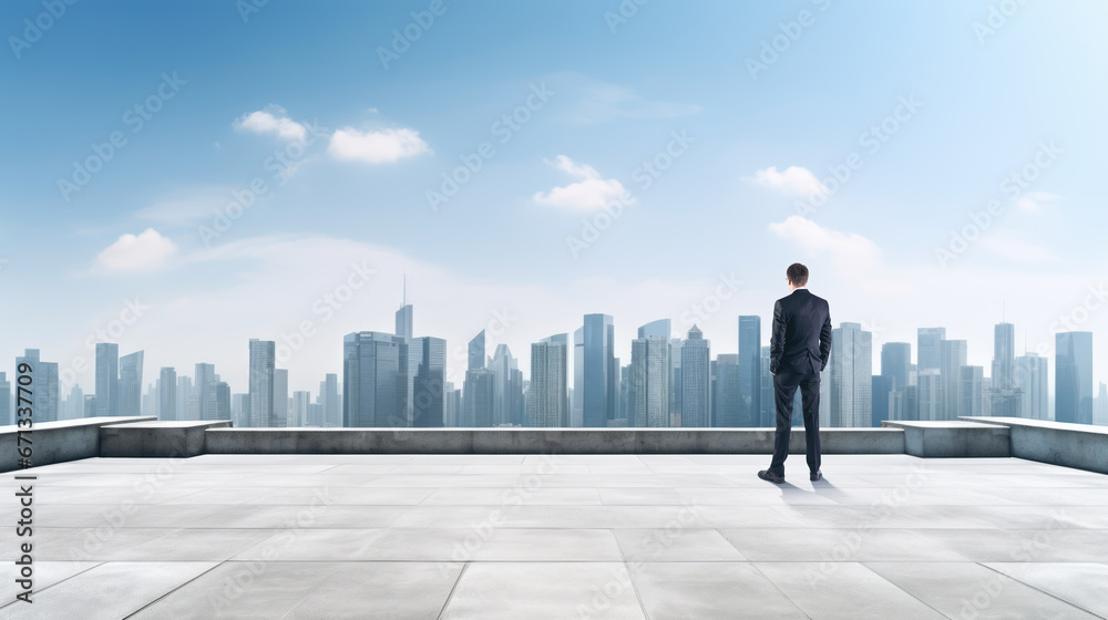 Rear view of businessman standing on the rooftop, skyscrapers skyline. Ai generative Rear view of businessman standing on the rooftop, skyscrapers skyline. Ai generative