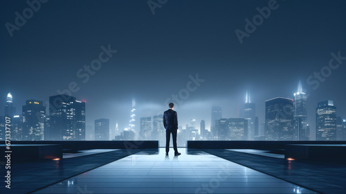 Businessman on the roof looking at the city skyscrapers at night. Ai generative