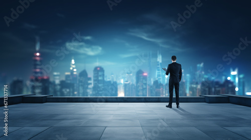 Businessman on the rooftop looking at the blurred city skyscrapers at night. Ai generative
