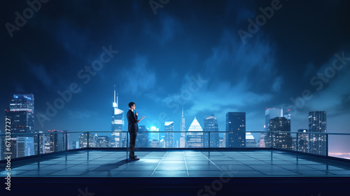 Pensive businessman on office rooftop and panoramic skyscrapers at night. Ai generative