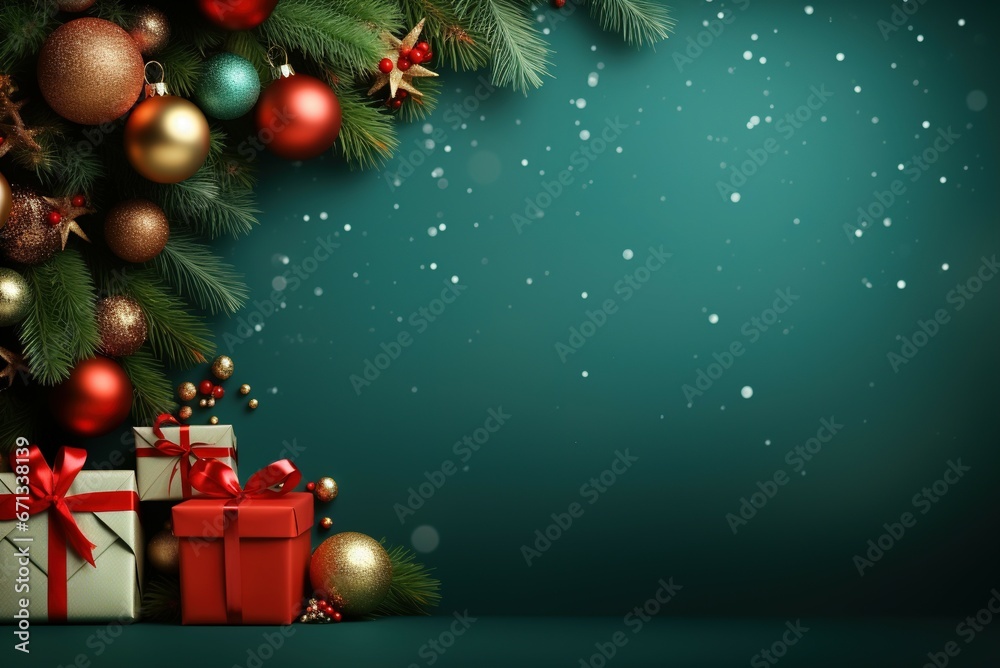 Christmas banner background decoration with gift box, ball and Christmas tree with copy area Christmas banner background decoration with gift box, ball and Christmas tree with copy area