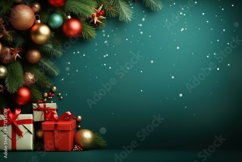 Christmas banner background decoration with gift box, ball and Christmas tree with copy area