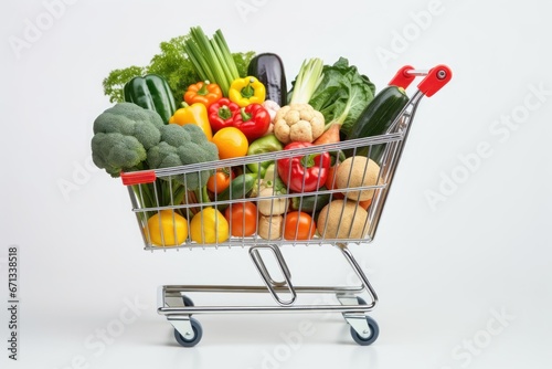 Shopping trolley full with vegetables and fruits. Generative AI.