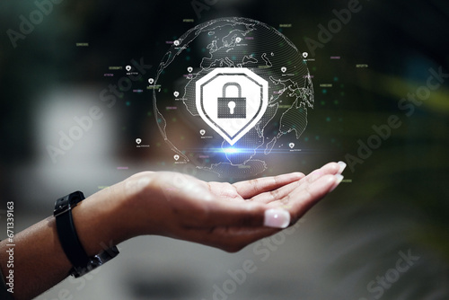 Hologram, hand and person with cyber security, lock and data protection with internet connection, futuristic and gdpr. Closeup, human and holographic with technology, global and symbol with software