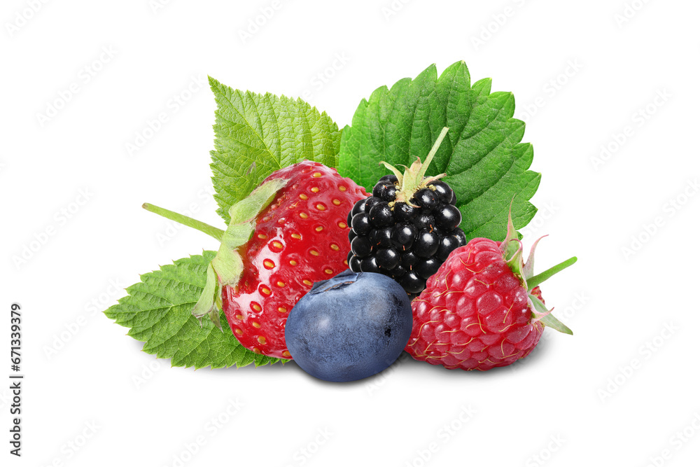 Different fresh ripe berries and green leaves isolated on white Different fresh ripe berries and green leaves isolated on white