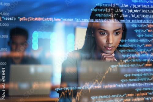 Programmer, code and woman with focus, holographic and digital software with cyber security, futuristic and coding. Female person, coder and employee with data analysis, research and concentration photo