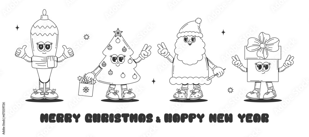 Groovy hippie Merry Christmas and Happy New year. Cute characters tree, toy, santa clous, gift box in trendy retro style. Monochrome art. Vector