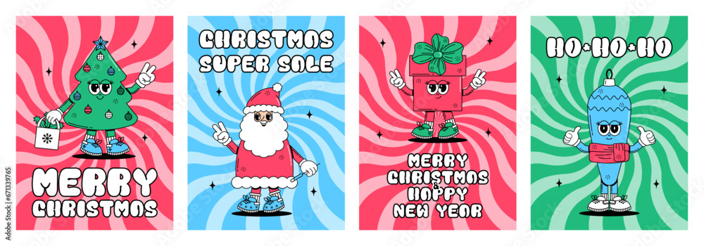 Fototapeta premium Groovy hippie Merry Christmas and Happy New year set posters. Sale. Cute characters Santa Clous, gift box, Christmas tree, toy in trendy retro style. Vector art