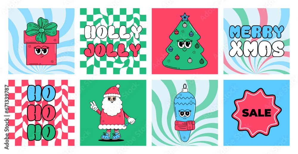 Groovy hippie Merry Christmas and Happy New year set posters. Sale. Cute characters Santa Clous, gift box, Christmas tree, toy in trendy retro style. Vector art