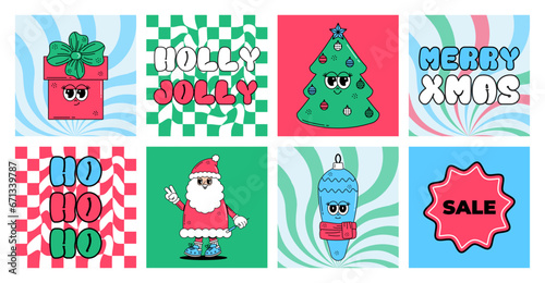 Groovy hippie Merry Christmas and Happy New year set posters. Sale. Cute characters Santa Clous, gift box, Christmas tree, toy in trendy retro style. Vector art