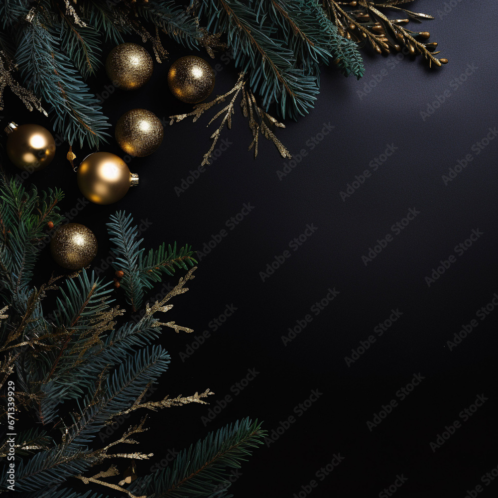 Black Christmas background with ornaments and greenery, space for text

