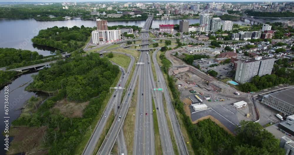Aerial view backwards over the Quebec Autoroute 5, in sunny Gatineau, Canada Aerial view backwards over the Quebec Autoroute 5, in sunny Gatineau, Canada