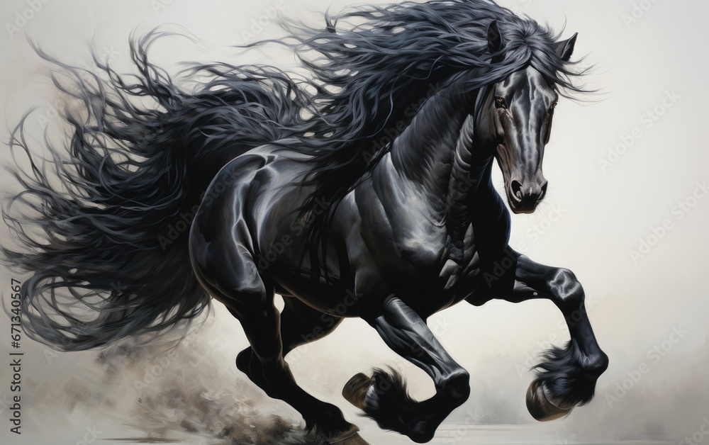 Black horse running at the white background.