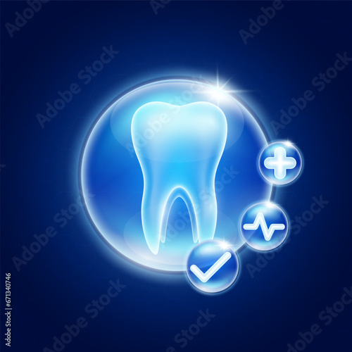 Healthy tooth inside glass bubbles glowing with medical icon cross sign, Heart pulse and Check mark. Medical health care innovation. Human anatomy organ translucent on blue background. Vector.