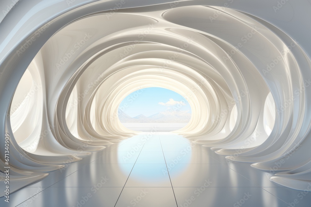Obraz premium White tunnel with a transparent ceiling, allowing natural light to filter in, Generative AI