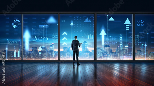 Businessman in office room, skyline with rising arrows, smart city connection. Ai generative