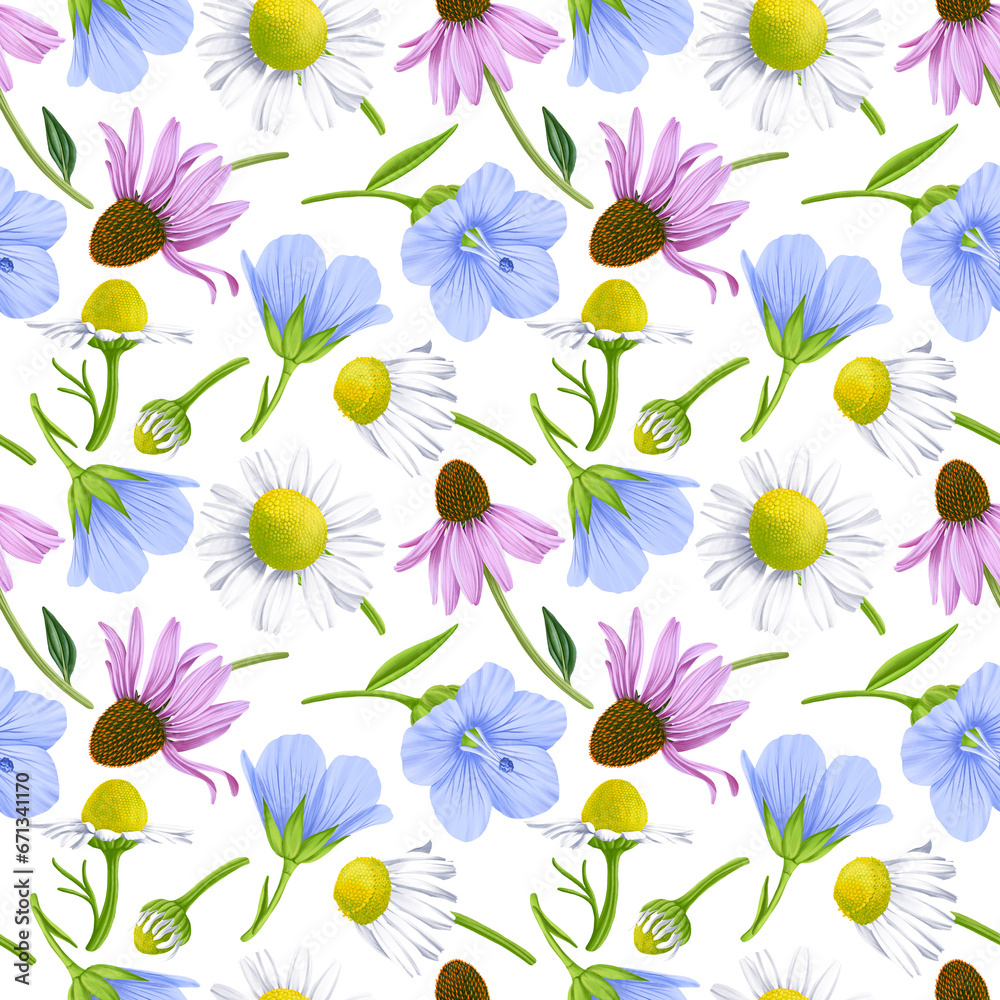seamless pattern with drawing realistic wild flowers, leaves and buds , hand drawn illustration,floral background