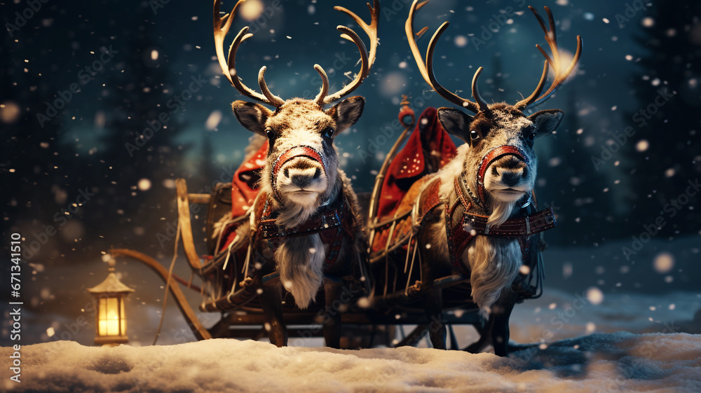 Christmas Reindeer with their sleigh on a snowy night Christmas Reindeer with their sleigh on a snowy night