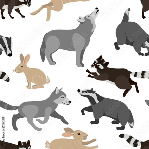 vector drawing seamless pattern with hand drawn animals at white  cartoon style background for children textile or wallpaper