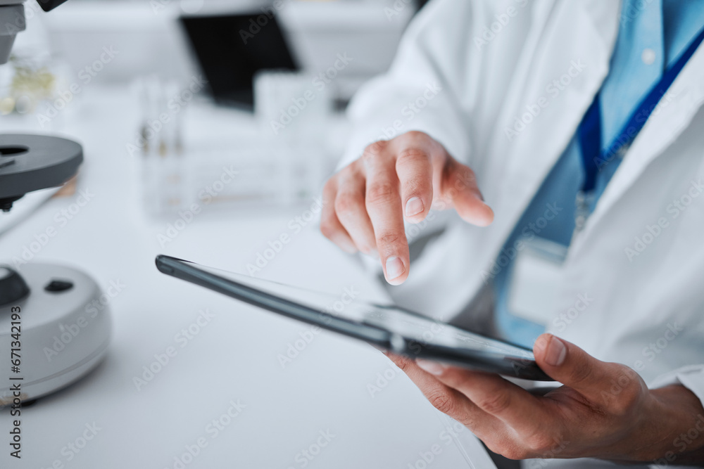Hospital, doctor and hands with tablet for research, medical innovation and working. Clinic, typing and chemistry analysis with professional and lab worker with tech for laboratory science and data