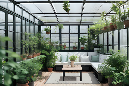 A large open-air terrace on the roof-top with lounge space and a small greenhouse with plants.