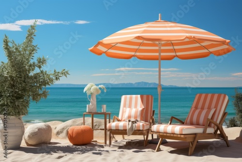 Beach yoga retreat with a beach umbrella  yoga props  and serene ocean views  offering a rejuvenating summer escape  Generative AI