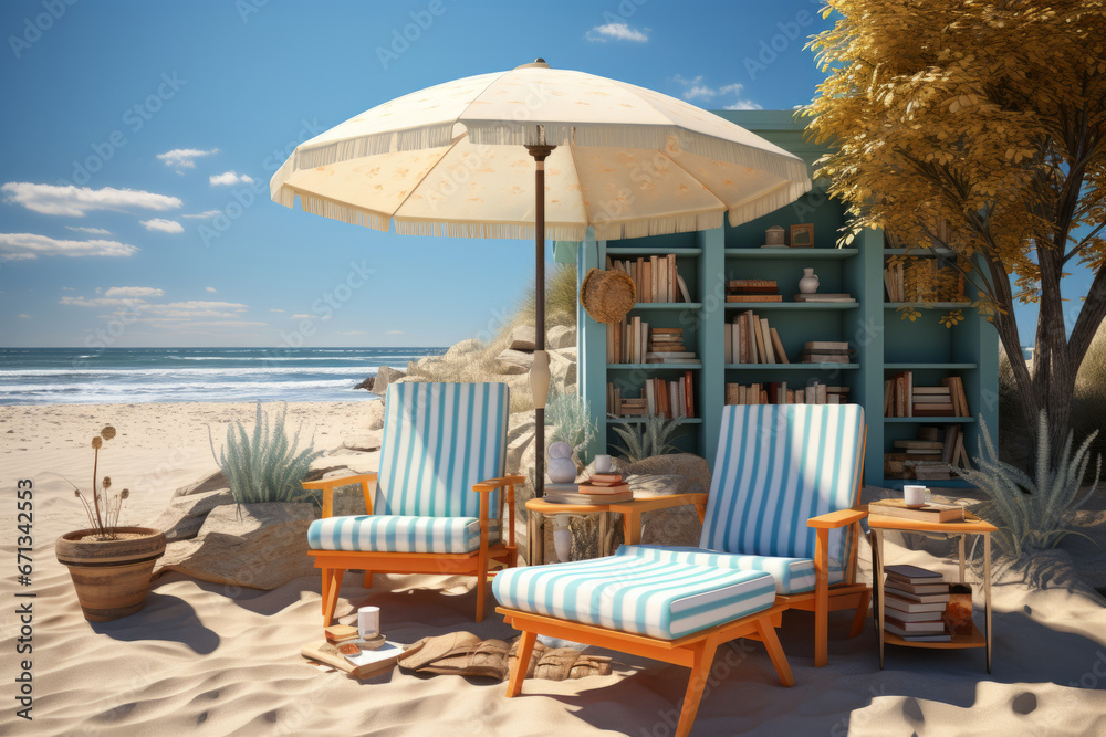 Cozy beachfront library with a beach umbrella, books, and reading glasses, emphasizing relaxed summer reading, Generative AI
