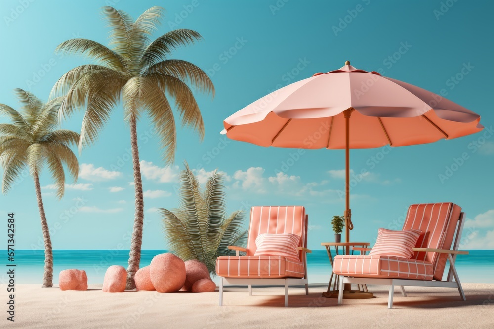 Palm tree-lined beach with a beach umbrella, beach ball, and beach towels, capturing the essence of a vibrant summer holiday, Generative AI
