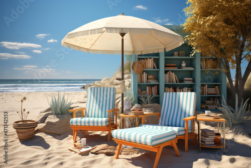 Cozy beachfront library with a beach umbrella, books, and reading glasses, emphasizing relaxed summer reading, Generative AI © Box Milk