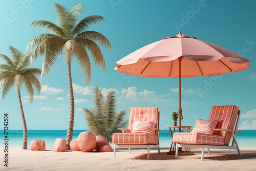 Palm tree-lined beach with a beach umbrella  beach ball  and beach towels  capturing the essence of a vibrant summer holiday  Generative AI