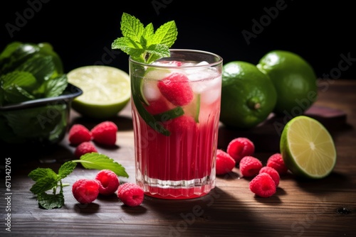 A Vibrant Raspberry Cucumber Cooler Resting on a Sunlit Wooden Surface Amidst Summer Greenery