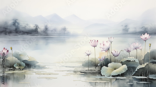 lotus and river chinese Ink wash painting