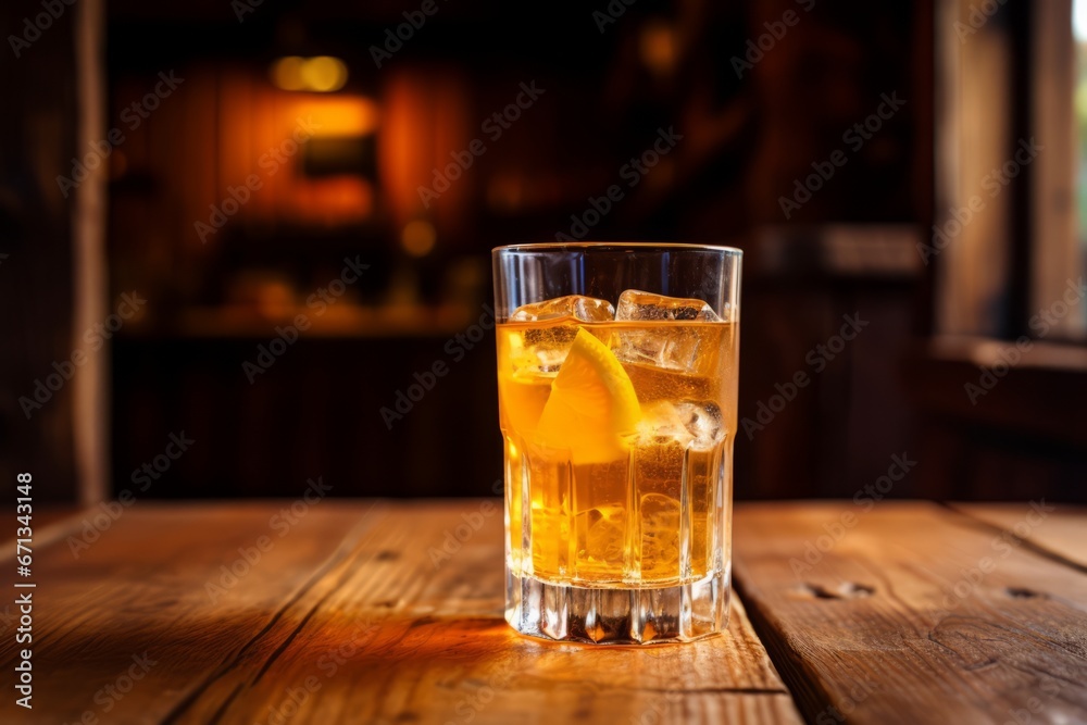 A refreshing glass of Peach Schnapps awaits on a vintage wooden table in a cozy pub - obrazy, fototapety, plakaty 