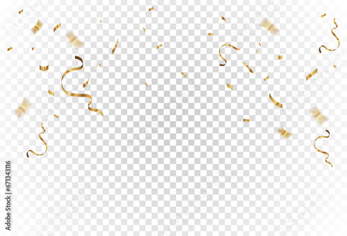 Fotomurale Gold confetti and ribbon streamers falling on a transparent background