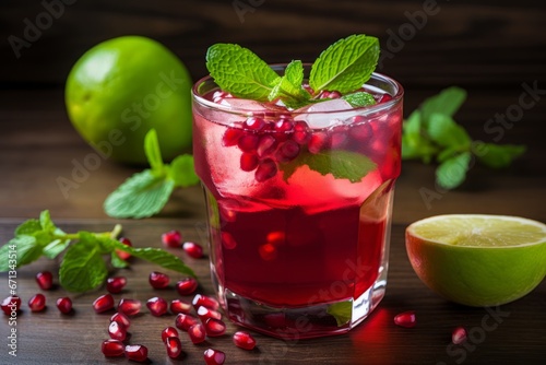A vibrant pomegranate and lime mocktail served chilled with a sprig of mint