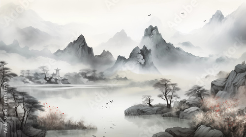 mountain and river chinese Ink wash painting