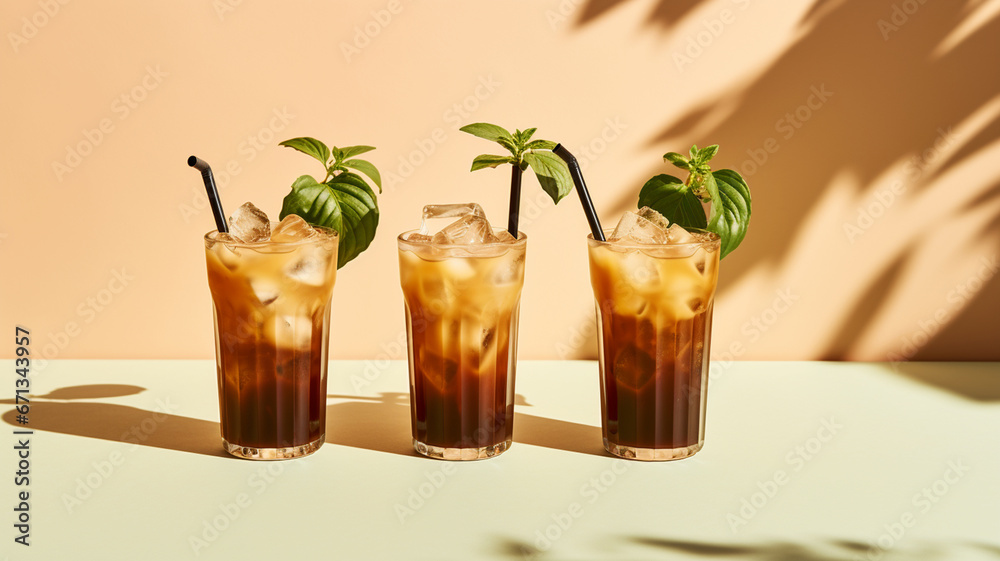 Ice coffee drinks on a minimal background Ice coffee drinks on a minimal background