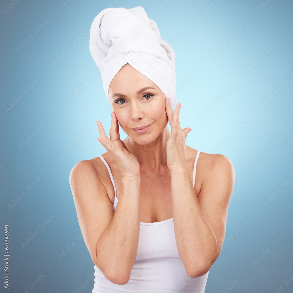 Beauty, portrait and senior woman isolated on a blue background for skincare, cosmetics and anti aging mockup. Mature model or person makeup foundation, dermatology and hygiene wellness in studio Beauty, portrait and senior woman isolated on a blue background for skincare, cosmetics and anti aging mockup. Mature model or person makeup foundation, dermatology and hygiene wellness in studio