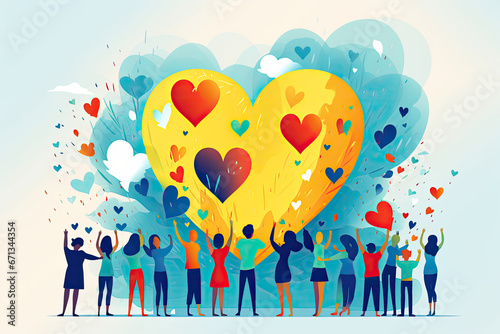 Charity illustration concept with abstract, diverse persons, hands and hearts. Community compassion, love, and support photo