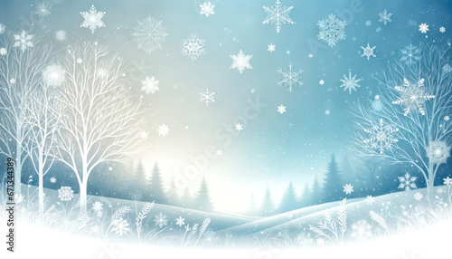 Winter landscape background with snowflakes and trees. Generative ai. © Irina