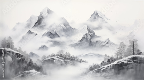 landscape with fog Chinese Ink wash painting photo