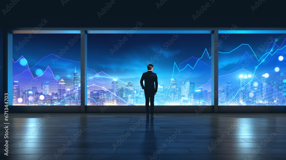 Businessman in office room, panoramic window on forex lines and skyscrapers. Ai generative Businessman in office room, panoramic window on forex lines and skyscrapers. Ai generative