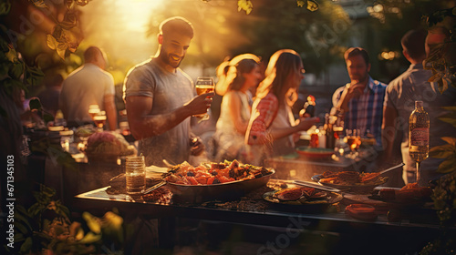 friends grilling food on an outdoor grill, sharing happy time together