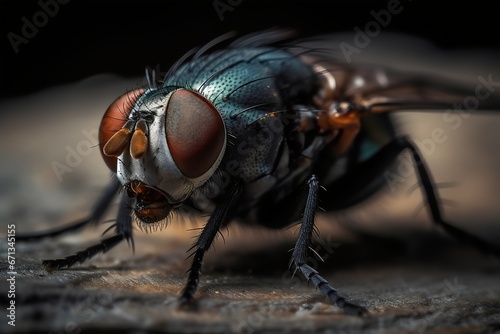 Macro shot of a fly on a wooden surface with black background. Generative AI. © Artistic Avenue
