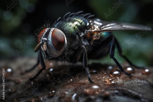 Macro shot of a fly on a wooden surface with black background. Generative AI.