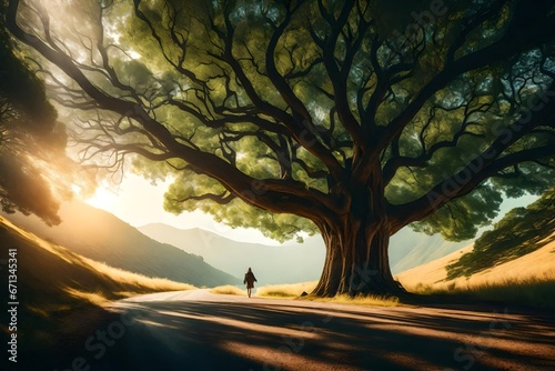 Abstract background of route and journey amidst the big tree and beautiful nature 